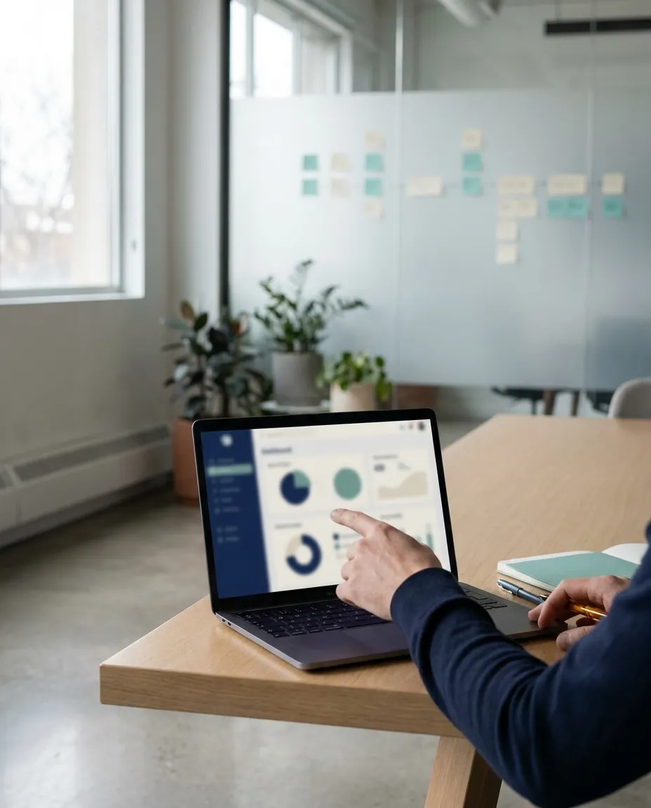 Mãos apontando para um painel de indicadores num notebook, com um mapa de processo em post-its ao fundo