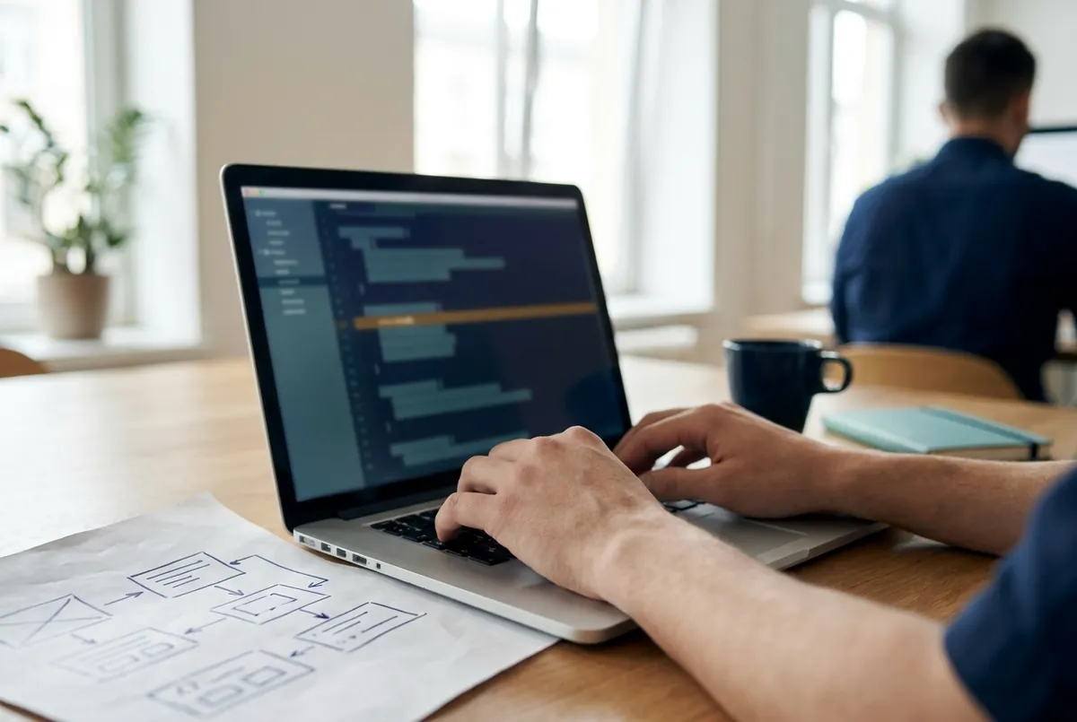 Mãos digitando código num notebook, ao lado de um diagrama de sistema desenhado à mão
