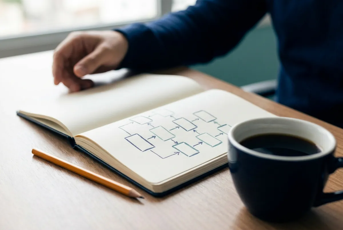 Caderno aberto com um fluxo de processo desenhado à mão, ao lado de um lápis e de uma xícara de café