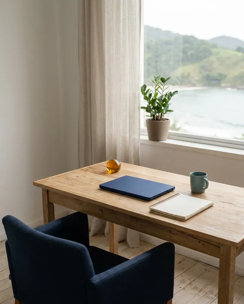 Escritório com mesa de madeira junto a uma janela com vista para o mar e os morros
