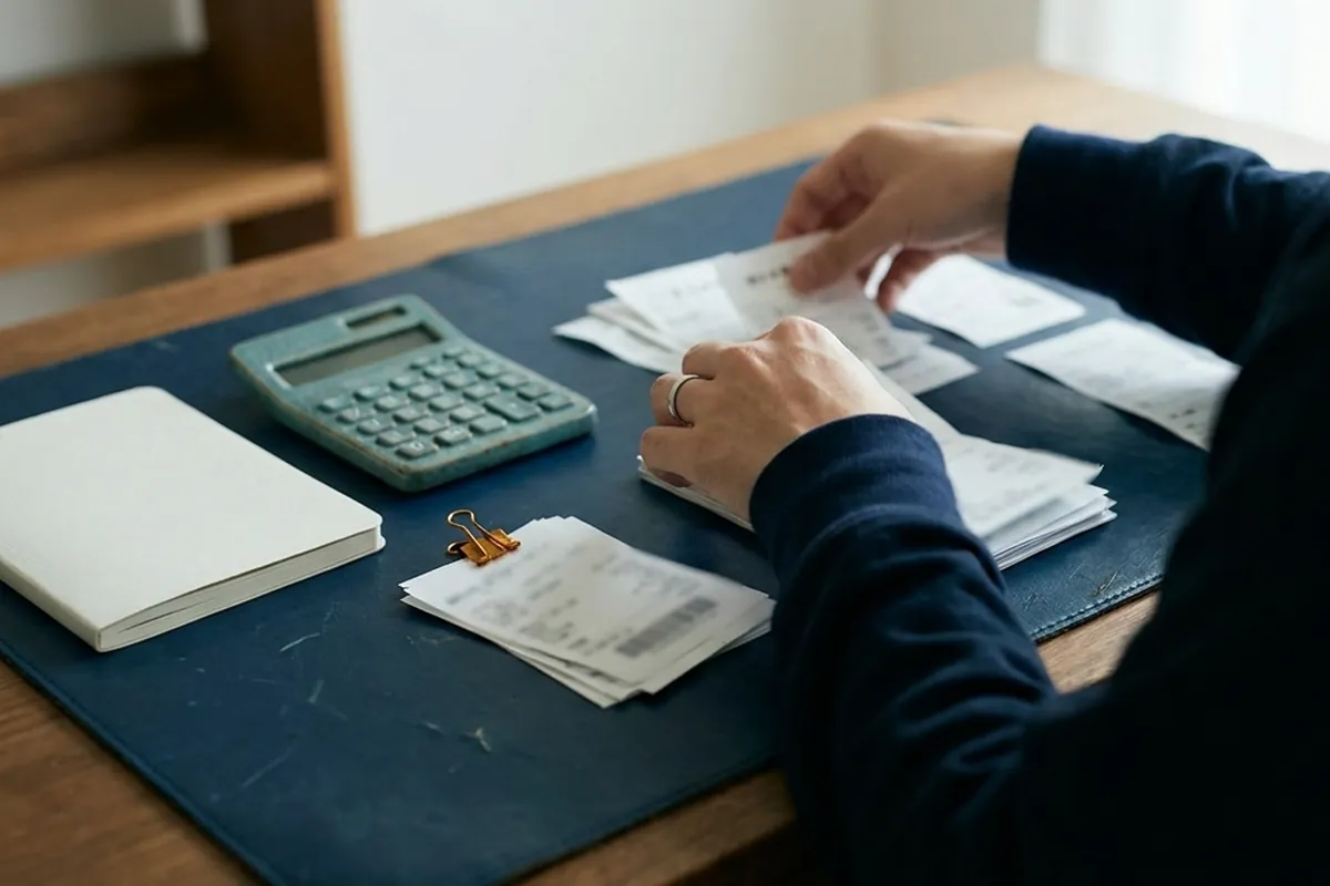 Mãos separando notas fiscais ao lado de uma calculadora, numa mesa de escritório