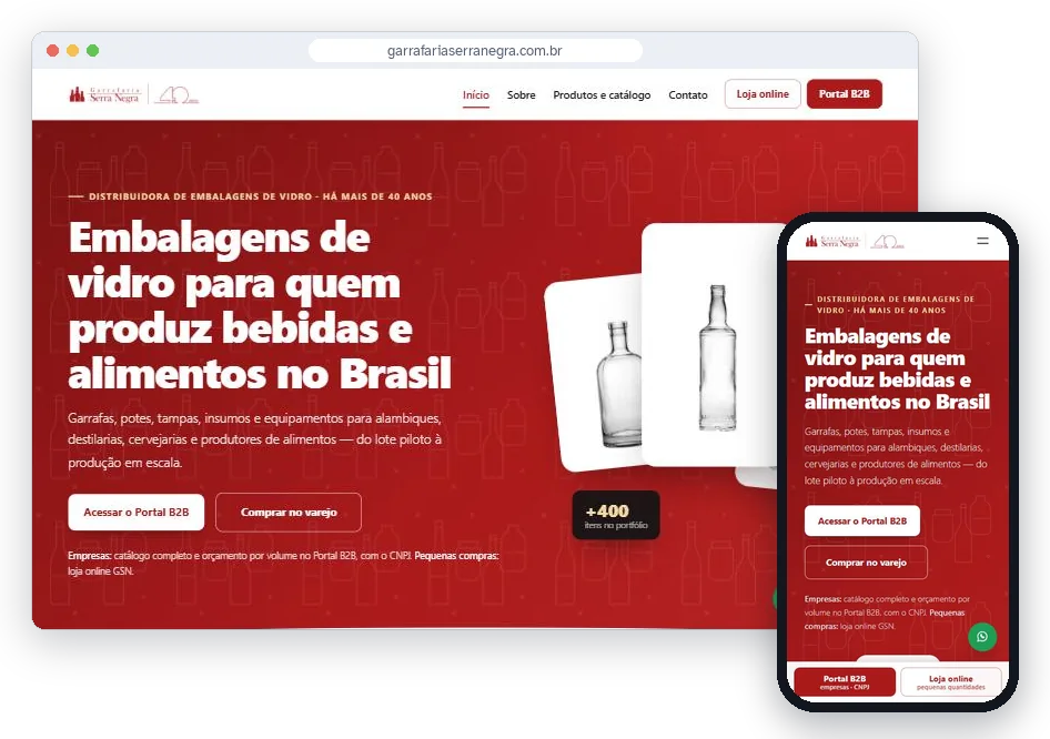 Site da Garrafaria Serra Negra no computador e no celular, com acesso ao Portal B2B e à loja online