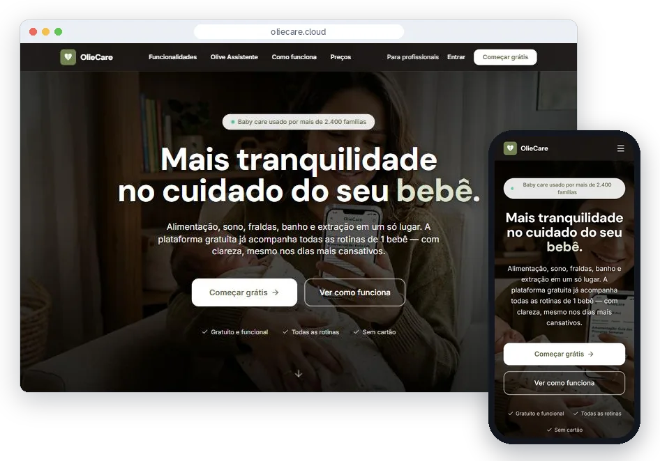 Página inicial de oliecare.cloud no computador e no celular