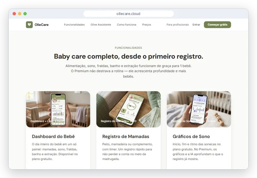 Seção de funcionalidades de oliecare.cloud com os cartões Dashboard do Bebê, Registro de Mamadas e Gráficos de Sono