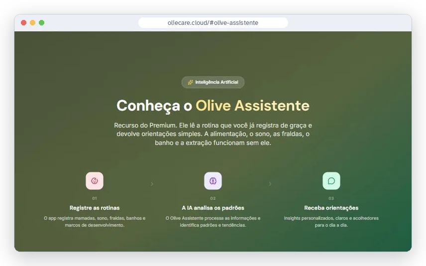 Seção Conheça o Olive Assistente em oliecare.cloud: registre as rotinas, a IA analisa os padrões, receba orientações