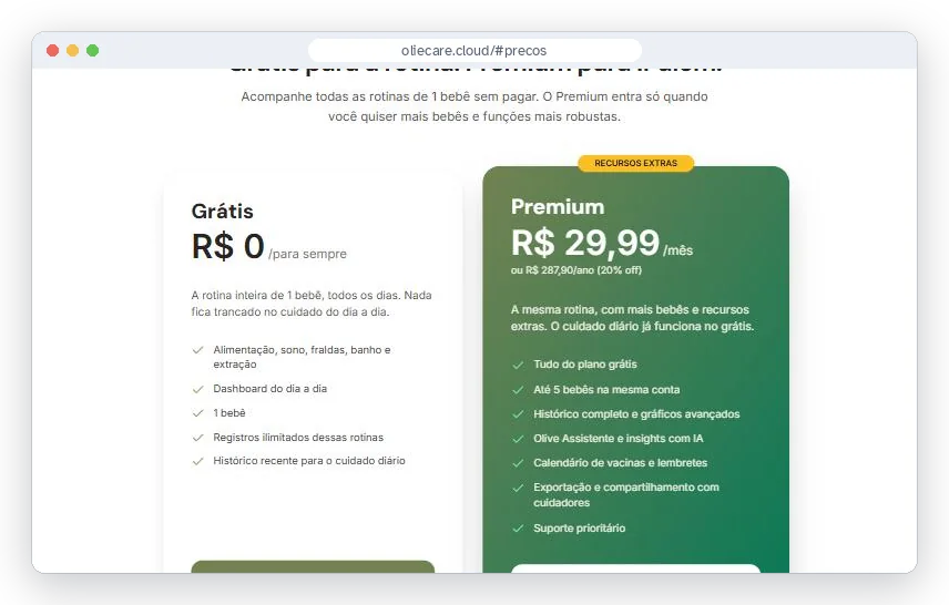 Planos em oliecare.cloud: Grátis por R$ 0 e Premium por R$ 29,99 ao mês