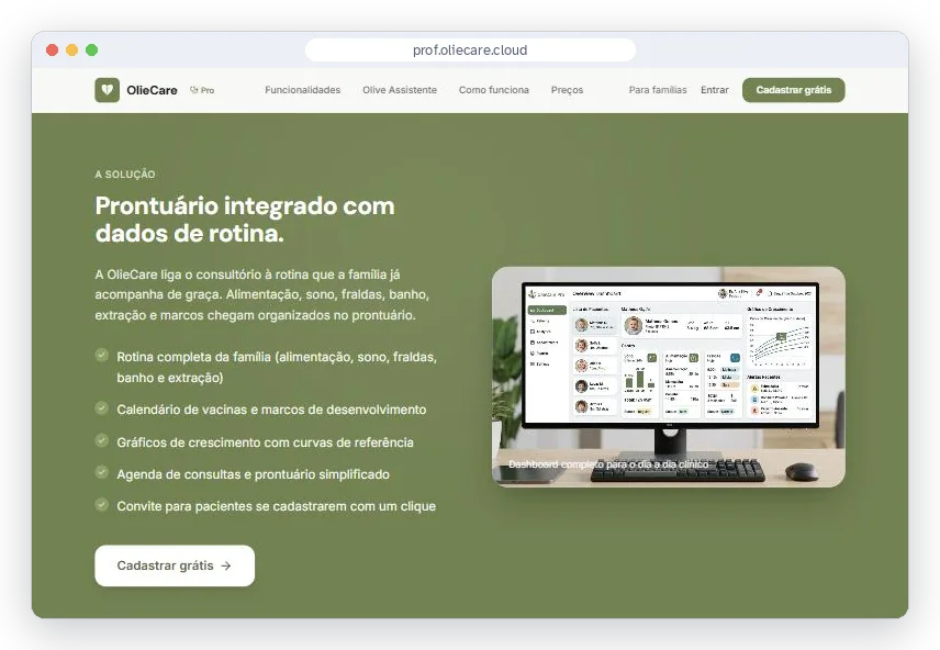 Seção Prontuário integrado com dados de rotina em prof.oliecare.cloud, com a lista do que chega ao consultório e a imagem do painel clínico